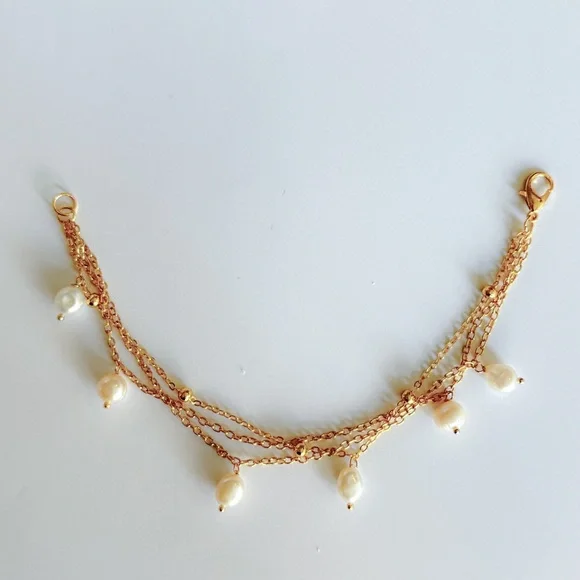 18K Yellow Gold Plated Beaded Chain And Freshwater Pearl Triple Chain Bracelet - Picture 2 of 3